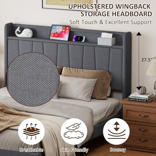 King Size Bed Frame with Headboard, Platform Bed with Upholstered Wingback Storage Headboard, Slats Support, No Box Spring Needed Beige
