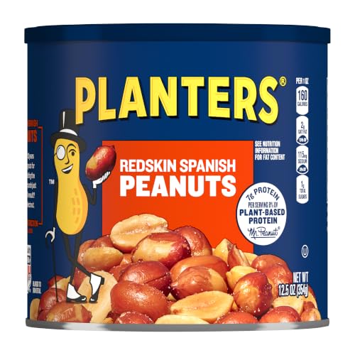 PLANTERS Salted Redskin Spanish Peanuts, Plant Based Protein, 12.5 Oz (6ct) | Roasted Salted Nuts. Crisp texture. Resealable Canister. Snacks for Adults. Party Mix, Party Snacks