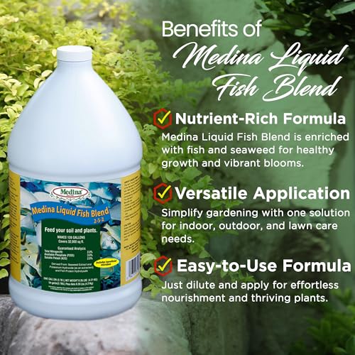 Medina Liquid Fish Blend Fertilizer 2-3-2, 1 Gallon | Gro, Bloom, and Lush Gardens, Seaweed Enriched Plant Food, Vibrant Growth and Blooms, Available