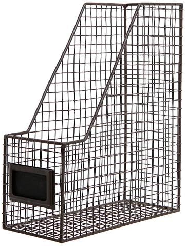 MyGift Metal Wire Magazine Holder in Rustic Brown Finish, Desktop Document and File Folder Storage Bin with Chalkboard Label for Home, Office, School