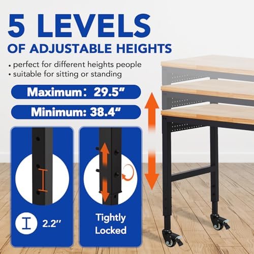 Workbench Adjustable 75' x 25', 2000 Lbs Load Capacity, 29.5"-38.4" Heights Garage Worktable with Universal Wheels & Power Outlet