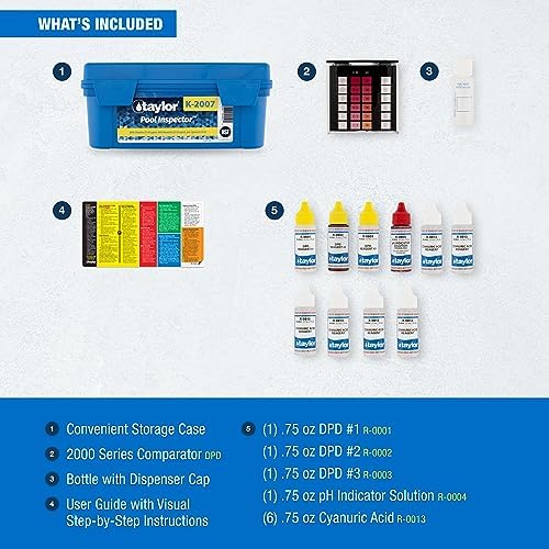 Taylor Technologies K-2007 DPD, 5-in-1 Pool Inspector High Range Test Kit for Free & Total Chlorine, Total Bromine, pH, Cyanuric Acid
