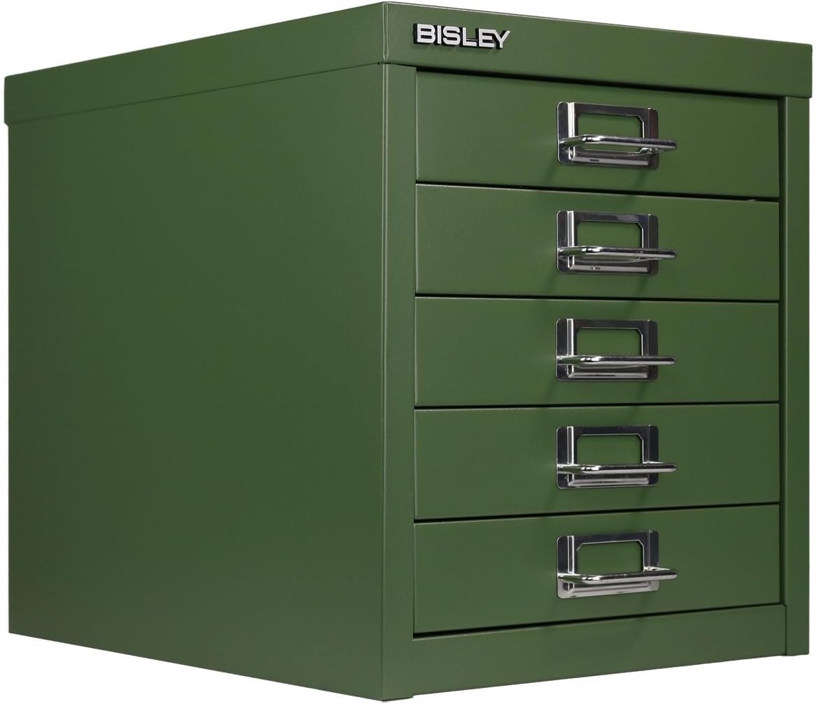 5-Drawer Steel MultiDrawer Cabinet - Orange, by Bisley | Chrome Pull Handles with Label Holders, Powder-Coated Steel, Removable Drawers, Desktop Storage, Labels Included