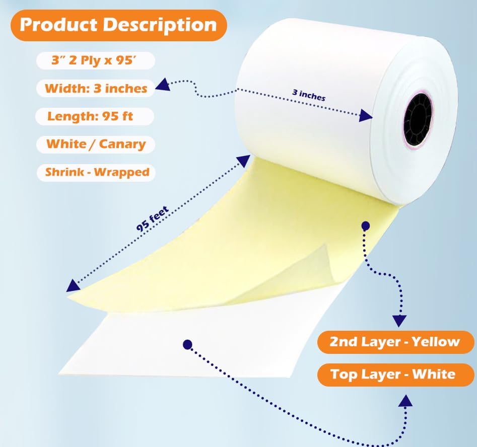 (10 Rolls - 50 GSM) 3'' x 95' White/Canary 2 Ply Carbonless Kitchen Printer Paper Cash Register Receipt Rolls for Star Micronics SP2000, UP389 VeriFone Omni 480, Printer 220, 250, 900 TMU 220