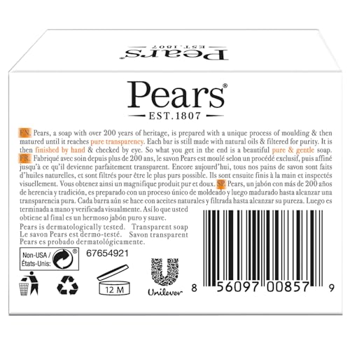 Pears Soap, Pure & Gentle with Natural Oils, 6-Pack – Transparent Amber Glycerin Soap for Pampered, Glowing Skin, 4.4 Oz Ea