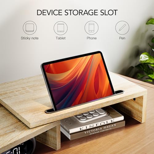 AMERIERGO Dual Monitor Stand Riser- 3 Shelf Screen Stand with Adjustable Length and Angle, 2 Extra Functional Slot Desktop Organizer Stand for PC