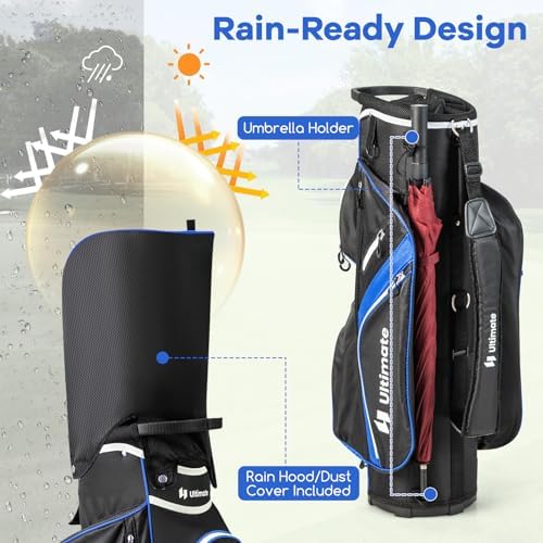 ULTIMATE Golf Cart Bag with 14-Way Top Dividers, Golf Club Bag w/ 9 Pockets incl. Cooler Bag, Rain Hood/Dust Cover, Detachable Shoulder Strap & Carry Handles, Lightweight for Men & Women