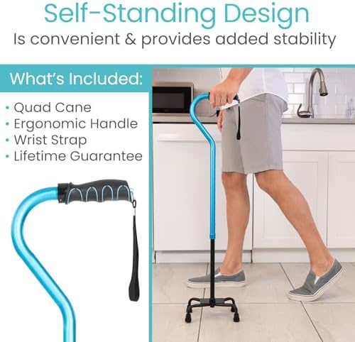 Vive Quad Cane - Walking Stick for Men and Women - Lightweight Adjustable Staff - Comfortable Right and Left Hand Grip for Stability Support - Four Prong Sturdy Aluminum Travel Aid - 4 Tip Blue | Senior 4 Prong Walking Stick for Stability & Balance- Righ…