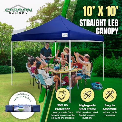 Caravan Canopy 12 by 12 Foot Polyester Straight Steel Leg Instant Pop Up Canopy Tent with Adjustable Height for Outdoor Events, Blue | 150D polyester top with 99 percent UV protection, 3 height settings to 9 ft, steel frame, roller bag and 4 stakes