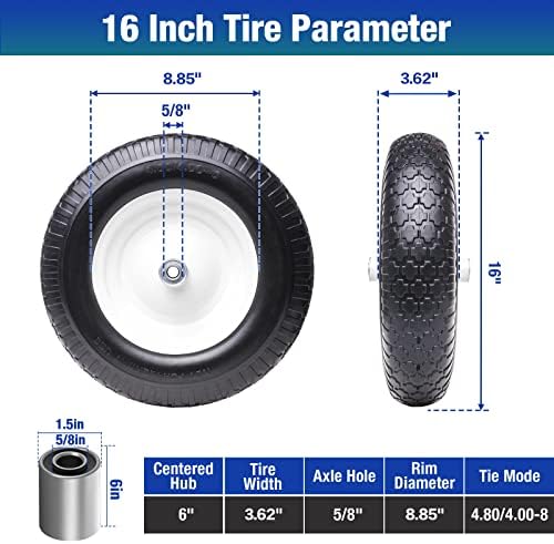 16" 4.80/4.00-8 Flat Free Solid Polyurethane Tire and Wheel with 2Pcs 3/4" Bearing, 1 Pack PU Airless Tires with 5/8" Ball Bearings 6" Iron Hub for Hand Truck/Tool Cart/Garden Carts, 1 Pc