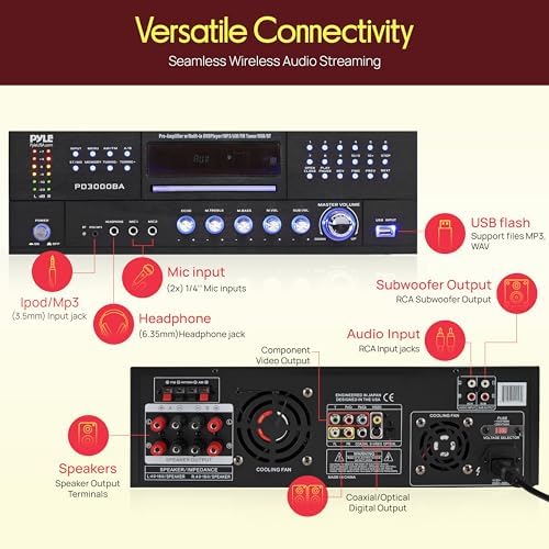 Pyle 4 Channel Bluetooth Home Amplifier - Front Loading DVD/CD Player - 3000W Peak Stereo Receiver - 2 Mic Inputs w/ Echo, FM Radio,Optical In,USB,RCA,Composite, LED Level Meter, Rack Mount - PD3000BA