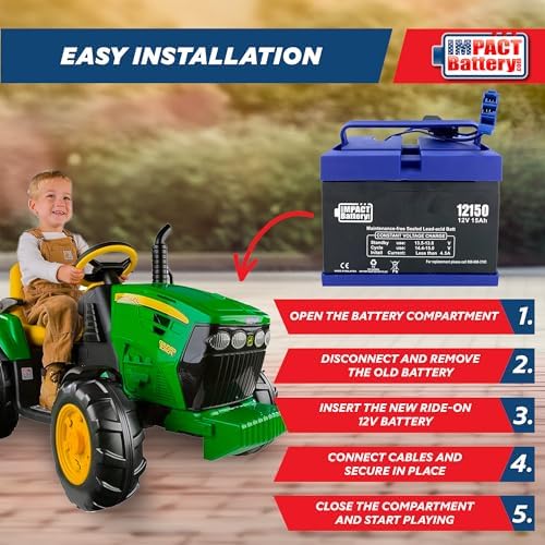 Impact 12V 15 Amp Battery Upgrade for Peg Perego John Deere Tractor Ride-on-Toys | Gator and Gauncho | Replace 12-Volt 12 Ah for Kids Tractor