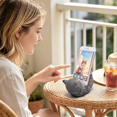 Hodao Cute Cat Phone Stand, Gray Kitten Cell Phone Holder for Desk, Resin Animal Figurine Stand for iPhone and Samsung, Vertical or Horizontal Viewing