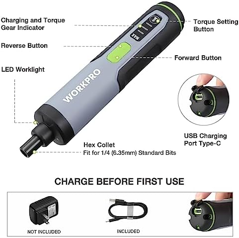 WORKPRO 4V Electric Screwdriver, Rechargeable Cordless Screwdriver Set with 35 Bits, Extension Rod, USB Charging Cable in Carrying Case, LED Light