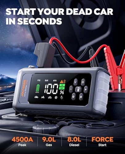 Car Battery Jump Starter with Air Compressor 4500A 150PSI, Car Jumper Starter Portable (9L Gas/8L Diesel)