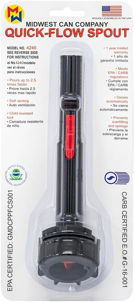 Stens 765-510 Fuel Can Spout Kit, CARB Approved, Fast flow rate, Automatic stop, Leak Proof, 3 Height, 3 Width, 10 Depth, Black