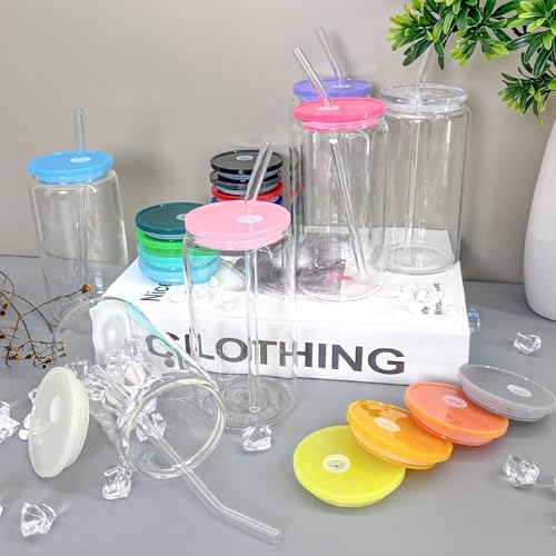 WHEATHUSK 20 Pack Glass Cups with Acrylic Lids and Glass Straws 16oz Iced Coffee Cups Clear Glass Tumbler Can Shaped Drinking Glasses