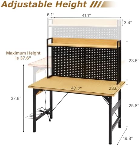 Zevemomo 48" Adjustable Height Workbench with Pegboard, Work Benches for Garage, Heavy Duty Wood Top Work Bench with Wheels, 2000 LBS Load Capacity