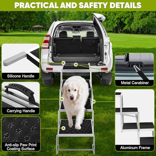 Dog Stairs for Car, Extra Wide Dog Stairs for Large Dogs, Foldable Dog Ramp for Car, Pet Steps Light Weight Aluminum, High Beds, for SUV Trucks