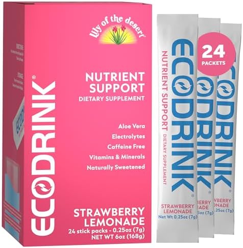 Lily of the Desert EcoDrink Nutrient Support Hydration Packets, Strawberry Lemonade – Naturally Sweetened Multivitamin Electrolyte Mix with Aloe, 24 Stick Packs/Box, 0.25 Oz Ea