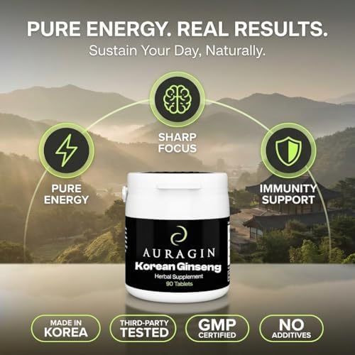Auragin® Authentic Korean Red Ginseng – Made in Korea – 6 Year Roots – No Additives or Other Ingredients – 100% Red Panax Ginseng in Every
