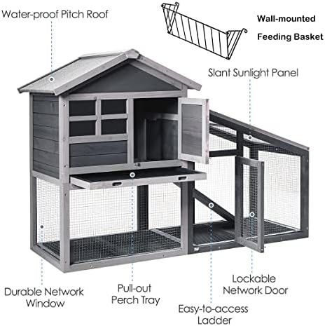 Tangkula Rabbit Hutch Indoor Outdoor, Wooden Chicken Coop, Bunny Hutch with Run, Ventilation Door, Removable Tray, Ramp, Sunlight Panel