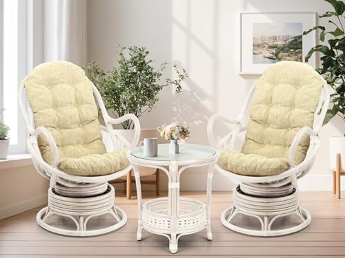 Lounge Swivel Rocking Java Chair Rattan Wicker Handmade with Cream Cushion, White Color