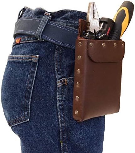 Hide & Drink, Riveted Squared Tool Pouch for Waist Belt, Heavy Duty Case, Rustic Tool Organizer, Full Grain Leather, Handmade, Bourbon Brown