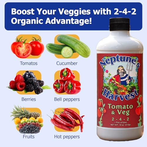 Neptune’s Harvest Organic Tomato & Vegetable Plant Fertilizer (2-4-2) - Liquid Plant Food w/Fresh Fish, Seaweed, Molasses, Yucca Extract, & Humic Acids - for Vegetable Garden (Gallon)