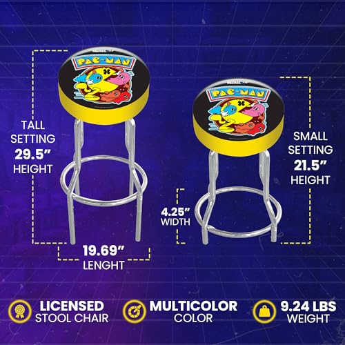 Arcade1Up Adjustable Padded Arcade Game Stool, Steel Frame, Pac-Man, 21.5" to 29.5"- with Leg Extenders, Padded Seat, and Chrome Steel Finish for Home