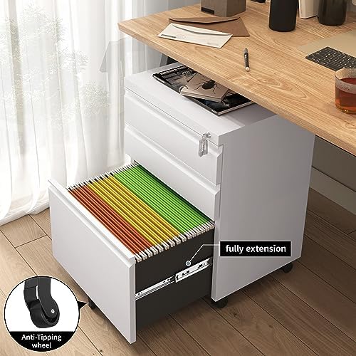 Approgreent Mobile File Cabinet for Home Office, Lockable 3 Drawer Filing Cabinet with Wheels for A4-Size/Letter-Size/Legal-Size