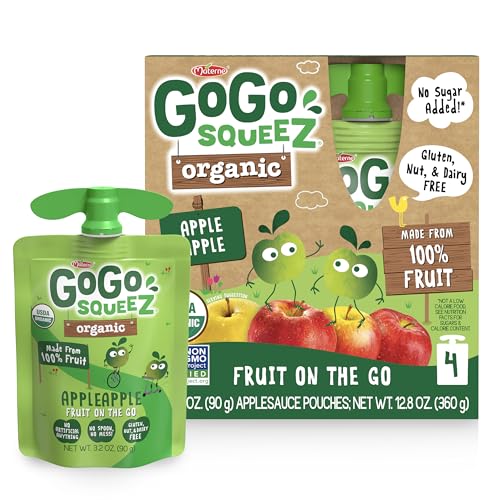 GoGo squeeZ No Sugar Added Organic Applesauce, Apple Apple, 4 Count | Kids on the go fruit snack made with applesauce & fruit puree; 3.2 oz pouches, gluten and nut free, recloseable cap, BPA-free