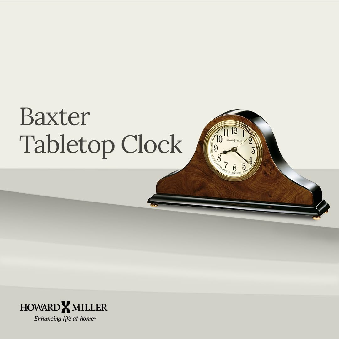 Howard Miller Baxter Tambour Mantel Clock – Burl Wood & Walnut Finish, Arabic Numerals, Brass Accents, Quartz Movement