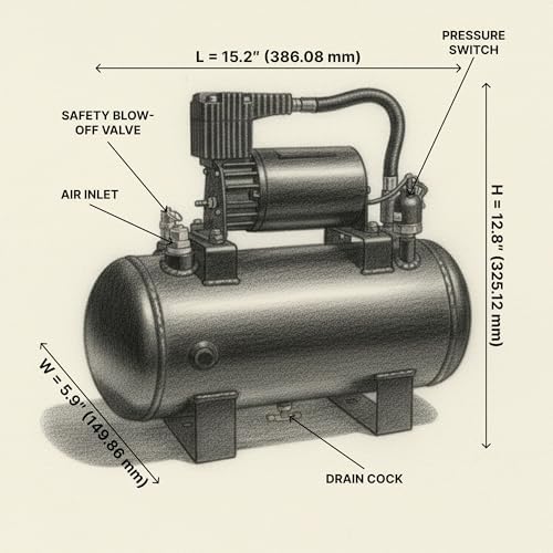 HornBlasters Conductor’s Special 127H Train Horn Kit – Shocker XL Train Horns with Compact 1.5 Gallon Air System – 120 PSI 12V Complete Horn