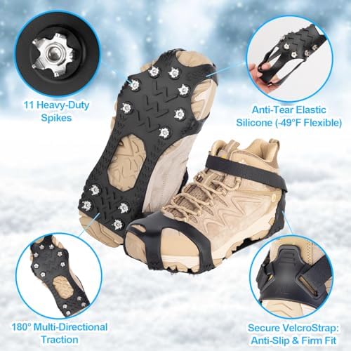 Ice Cleats for Shoes and Boots, Silicone Crampons, 11 Stainless Shoe Spikes for Snow and ice, Heavy Duty Traction for Hiking, Climbing &Mountaineering