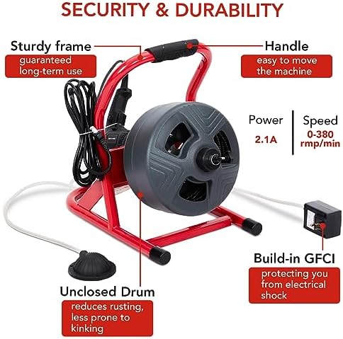 GARVEE Drain Cleaner Machine, 50 ft X 5/16 in Professional Automatic Electric Drain Auger for 3/4 to 3 in Pipes