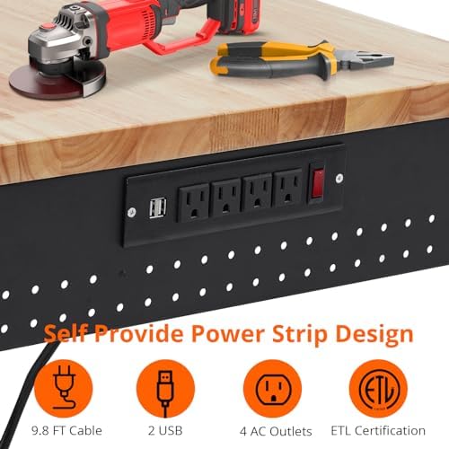 48’’x24’’ Adjustable Workbench,Workbench with Drawers,Darage Workbench with Pegboard,2000 LB Load Capacity,4 Rolling Casters, Power Outlets, Metal Frame,for Garage, Workshop, Home, Office