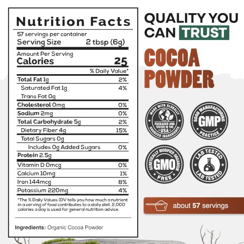 Wild Foods Organic Cocoa Powder Unsweetened for Baking & Cooking, Raw Cacao Powder, Organic Single-Origin Non-Dutched Dark Cocoa, 100% Pure, Non-GMO, Vegan Keto Superfood, Purity Tested, 12 oz