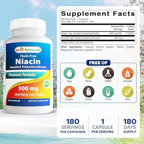 Best Naturals Flush-Free Niacin Inositol Hexanicotinate 500 mg 180 Capsules