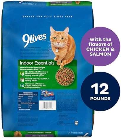 9Lives Indoor Essentials Dry Cat Food with Chicken & Salmon, 12 lb. Bag | 100% Complete & Balanced Nutrition For Indoor Adult Cats With Lean Protein & Fiber To Help Support A Healthy Weight