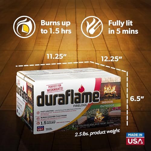 Duraflame 2.5lb Indoor Outdoor Quick Light Firelog for Camping, Firepits, Bonfires, and Fireplaces, 1.5 Hour Long Burn Time