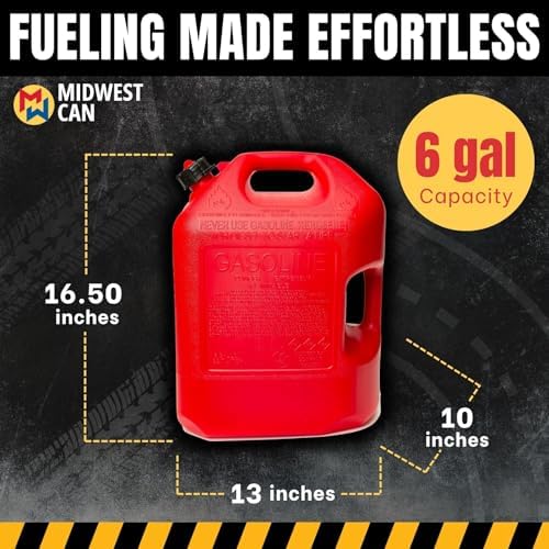 Midwest Can 6610 Safe-Flo Auto Shut Off 6 Gallon Gas Can – Durable Fuel Containers with FlameShield Safety System & Quick-Flow Spout - Red - 4 Pack