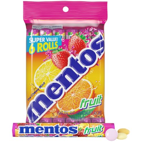 Mentos Fruit Chewy Mint Candy Roll, Mixed Fruit Flavors, Valentine's Day Candy for Parties & Favors, 14 Pieces Per Roll (Pack of 6) | Individually Wrapped Candy for Kids & Adults, Bulk Candy, Great for Parties, Birthdays, Holidays