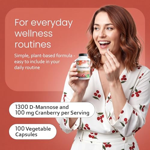 NaturaLife Labs Organic D-Mannose 1300mg + Organic Cranberry Extract 100mg per Serving – Urinary Tract Support – Non-GMO, Gluten-Free & Vegan – 100 Capsules