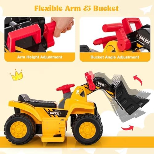 Costzon Ride on Excavator, Ride on Construction Vehicles w/Helmet, 3 Toy Stones, Realistic Sound, Adjustable Bucket & Under Seat Storage, Bulldozer Ride on Toy Gift for Kids Boys & Girls