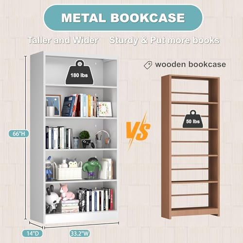 66 in Black Heavy Duty Metal Bookshelf, 5-Tier Adjustable Tall Bookcase, Industrial Floor Standing Storage Shelf 180 lbs Load Per Shelf for Living Room Home Office Bedroom Garage