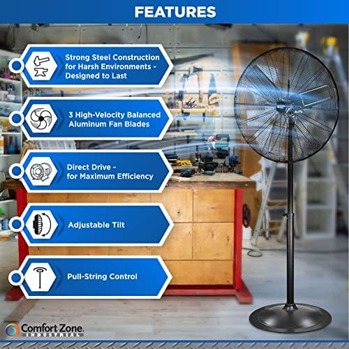 Comfort Zone Industrial Pedestal Fan, 30 inch, 3 Speed, High Velocity, Adjustable Height 56” to 76”, Metal, Meets OSHA Standards
