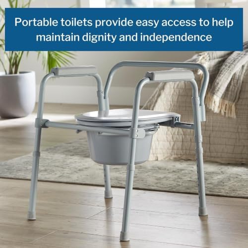 McKesson Folding Commode Chair with 7.5 qt Bucket, 13 1/2 in, 1 ct | Seat Width, Adjustable Height