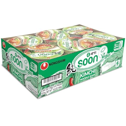 Nongshim Soon Veggie Ramyun Noodles, Signature Korean Instant Ramyun, Vegetable Flavored Broth, Vegan Noodles, Quick & Easy, Microwaveable Cup, 2.64 oz (Pack of 6)