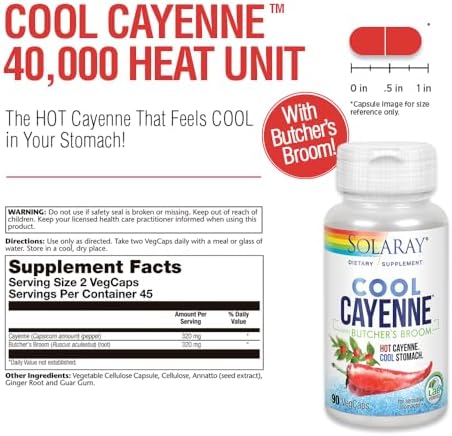SOLARAY Cool Cayenne Pepper 40,000 HU with Butchers Broom for Healthy Circulation Support | 90 VegCaps
